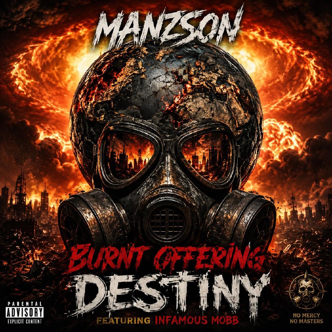 Manzson Destiny single artwork: a gas mask surrounded by flames. Burnt Offering, featuring Infamous Mobb.